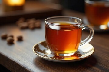 Small glasses of strong tea, shiny surface, patterned coaster, cozy, turkish tea
