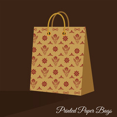 A decorative paper bag with red floral patterns and handles, commonly used for shopping or gift packaging.