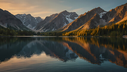 Obraz premium Serene Sunset Scene with Lake and Mountain Horizon