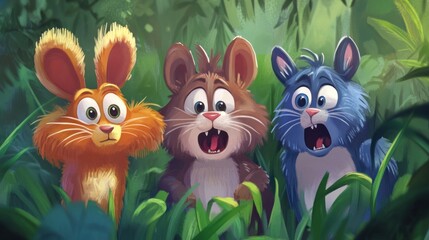 Fototapeta premium Three surprised animals in a jungle