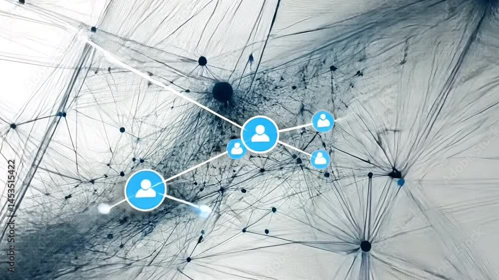 Poster global network connection: abstract image depicting a complex network of interconnected nodes, symbo