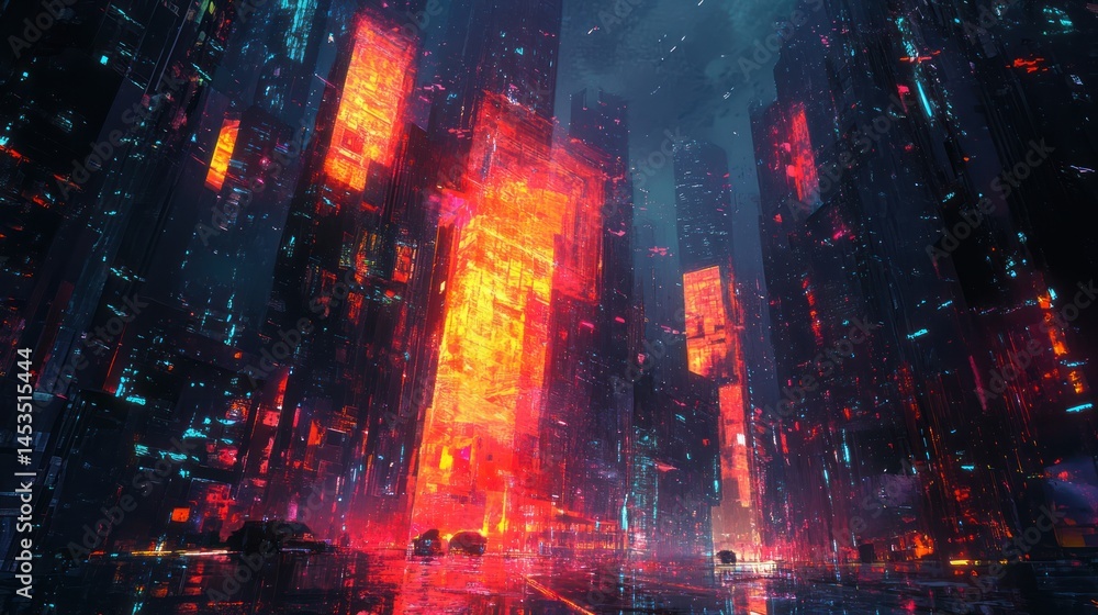 Poster vibrant futuristic metropolis with reflective surfaces and gleaming architecture