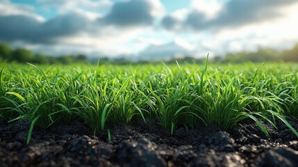 Obraz premium Field with green grasses in focus with cloudy sky and green trees behind