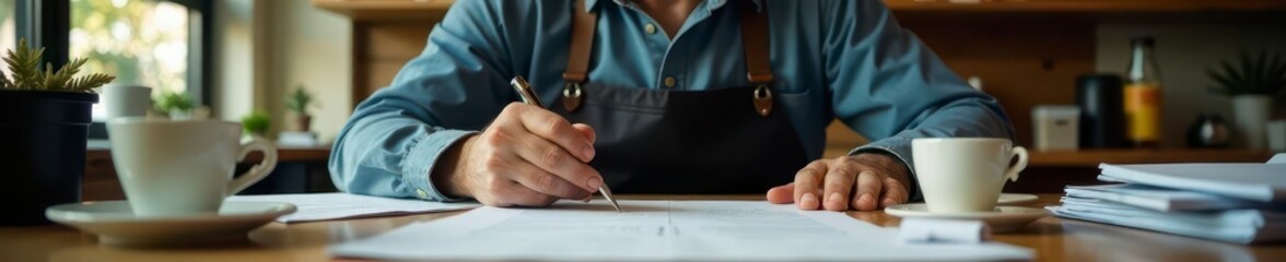 Frustrated cafe owner surrounded by paperwork & spilled coffee, disorganized, trouble