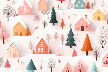 Obraz premium Whimsical winter village scene with colorful houses and snowy landscapes, peaceful