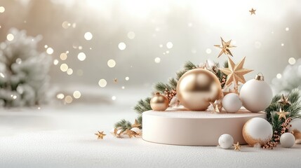 Contemporary 3D podium with metallic gold holiday spheres and twinkling star decorations, surrounded by a soft snowy background