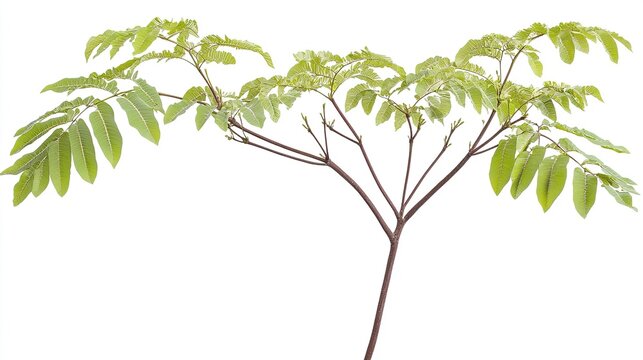 Young Branch of Tree of Heaven (Ailanthus Altissima) with Leaves, Isolated on White Background. Clipping Path for Versatile Use in Botanical and Nature Designs