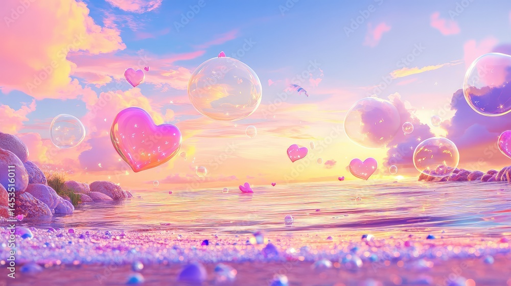 Poster ethereal seaside view where glowing heart-shaped bubbles float under a pastel sky, creating a tranqu
