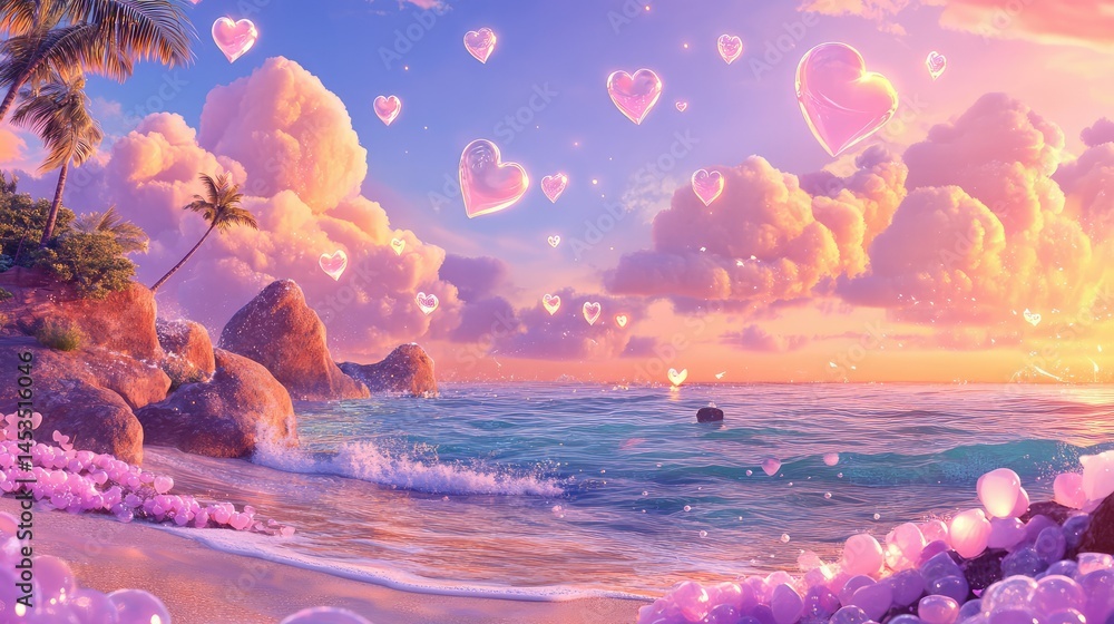 Poster ethereal seaside view where glowing heart-shaped bubbles float under a pastel sky, creating a tranqu