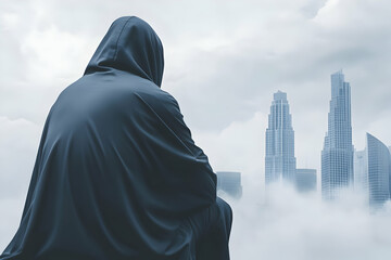 Mysterious Figure Contemplates Urban Skyline Enveloped in Mist