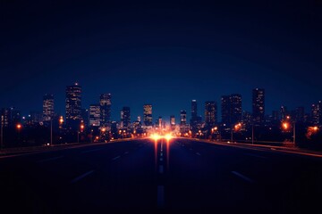 Fototapeta premium Night city view from road. Car lights illuminate way ahead, buildings glow dimly in the darkness