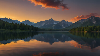 Breathtaking Mountain Landscape with Calm Waters at Dusk

