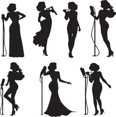 Vintage Silhouette Illustrations: Female Jazz Singers with Microphones - Retro Style Vector Graphics for Music and Design Projects