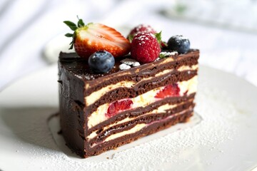 A photograph of a single slice of decadent chocolate cake