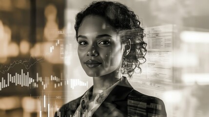 double exposure of a confident businesswoman in a suit overlaid with financial data, including spreadsheets, bar charts, and stock prices