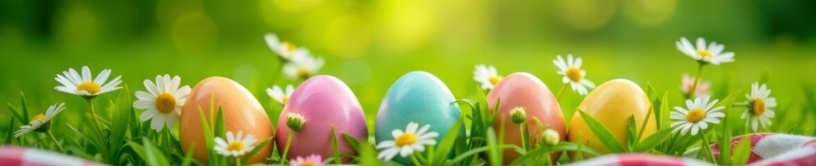 Colorful Easter eggs nestled in spring grass on a picnic blanket with cheerful daisies , tradition, picnic, park