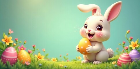 Cute cartoon rabbit holding colorful eggs, spring flowers , texture, card, easter bunny