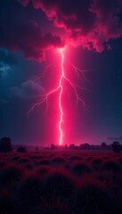 Fiery red lightning streak, vast landscape illuminated , intense, weather