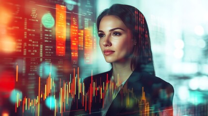 double exposure of a confident businesswoman in a suit overlaid with financial data, including spreadsheets, bar charts, and stock prices