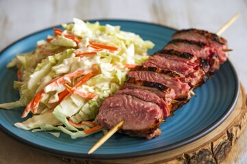 a plate with pork meat shish kebab and a coleslaw salad.