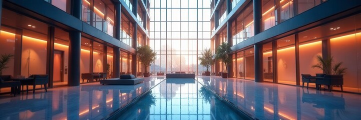 Glass atrium, towering glass walls, bright interior, light, architecture, structure