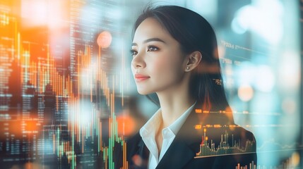 double exposure of a confident businesswoman in a suit overlaid with financial data, including spreadsheets, bar charts, and stock prices