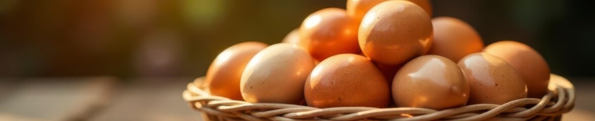 Glistening, newly-laid eggs piled high in a basket, natural, breakfast, fresh