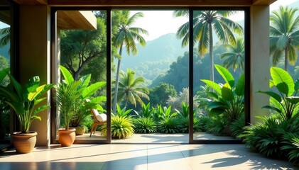 Glass-walled home, vibrant tropical garden backdrop , villa, wall, peaceful