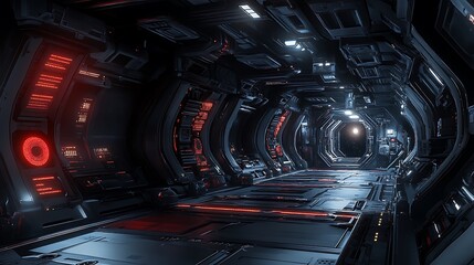 Obraz premium Walking Through Futuristic Space Station Corridor with Glowing Lights