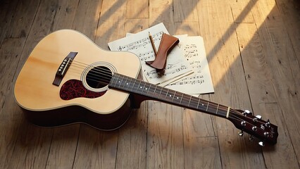 Acoustic guitar and music sheets