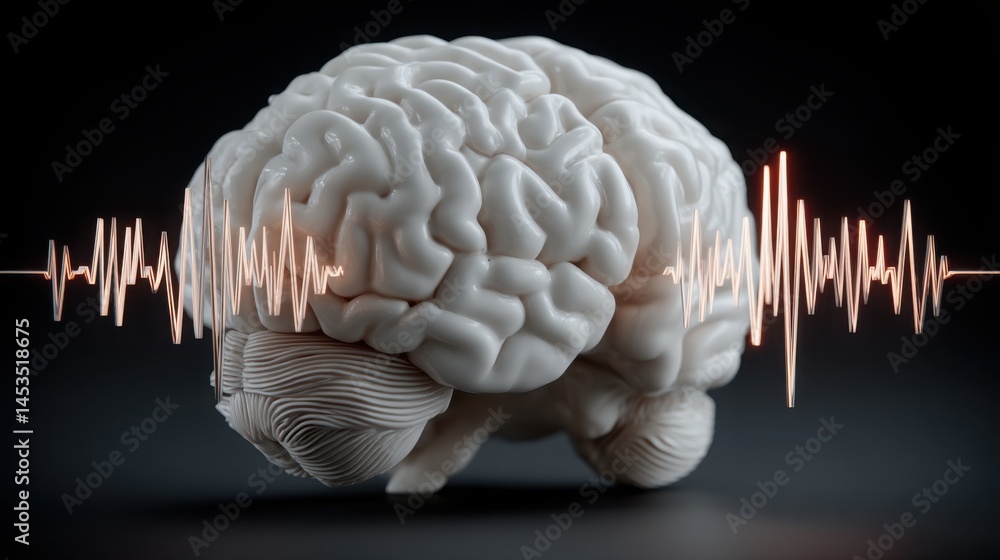 Poster human brain with sound wave illustrating the concept of algorithmic clarity in systems and noise-fre