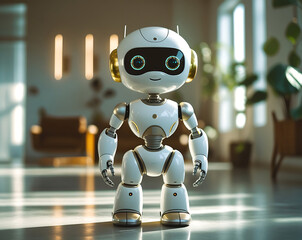 Adorable Futuristic Humanoid Robot Standing in Modern Interior.