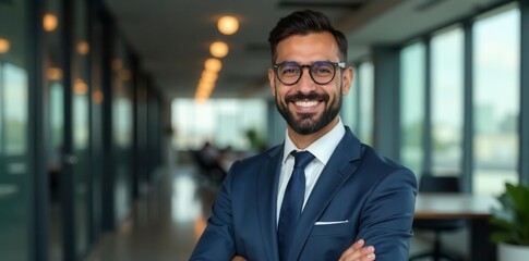 Happy Middle Eastern professional in office attire, bright, office, confident