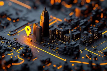 Illuminated city model, highlighted by a location marker on a circuit board-like structure.  Modern metropolis,  glowing orange and yellow lights, detailed architecture