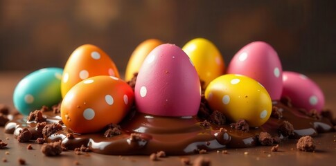 Vibrant dotted eggs bursting in rich chocolate fountain, design, illustration