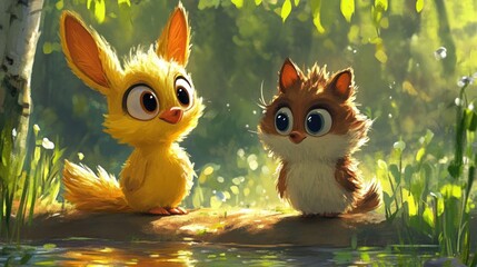 Two cute, fluffy, cartoon animals meet by a stream