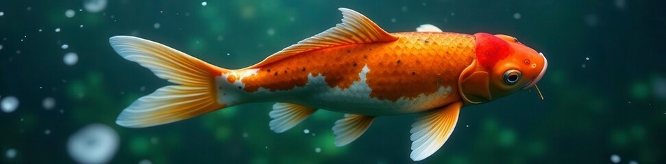 Vibrant koi gracefully swim, fins flowing in clear water, scales, serene, background