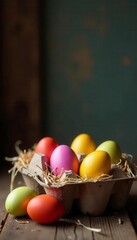 Vibrant Easter eggs, rustic wood, henhouse setting, organic, colorful eggs, natural
