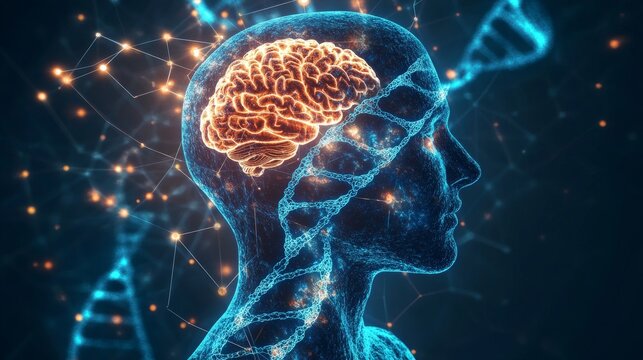 double exposure of a DNA helix overlaid with a detailed human brain, symbolizing the connection between genetics and neuroscience
