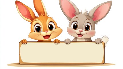 Two cute rabbits hold a blank sign