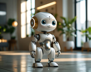 Adorable Futuristic Humanoid Robot Standing in Modern Interior.