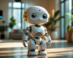 Adorable Futuristic Humanoid Robot Standing in Modern Interior.