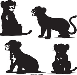 Silhouette Vector Art of Lion Cubs: Playful Felines in Black and White, Wildlife Illustration, Animal Clipart for Graphic Design Projects