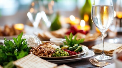 Decorated Passover table with ornate Seder plate holding all symbolic foods, framed by candles and matzah