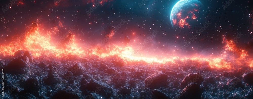 Poster fiery celestial debris field with a distant planet.
