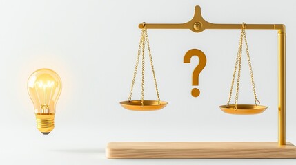 Question marketing risk. A glowing lightbulb and a golden balance scale with a question mark, symbolizing decision-making and weighing ideas.