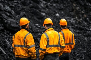 Three workers wearing yellow vests stand before a large pile of rocks, facing away
