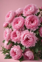 Fototapeta premium Dense cluster of pink peonies on a blush pink backdrop , peonies, soft, still life