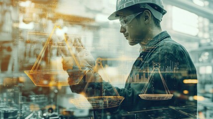 double exposure of a factory worker inspecting machinery overlaid with symbols of economic stability like balanced scales and steady graphs
