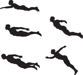 Silhouette of People Flying: Black and White Vector Illustration of Figures in Superman Pose for Graphic Design and Creative Projects